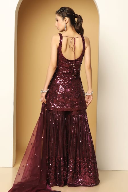 Shop Meenagurnam Purple Georgette, Net Sequins, Embroidery Asymmetric Work Kurta Sharara Set at Aza Fashions Shop_Meenagurnam_Purple Georgette, Net Sequins, Embroidery Asymmetric Work Kurta Sharara Set _at_Aza_Fashions