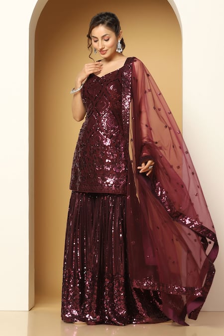 Meenagurnam Purple Georgette, Net Sequins, Embroidery Asymmetric Work Kurta Sharara Set Online at Aza Fashions Meenagurnam_Purple Georgette, Net Sequins, Embroidery Asymmetric Work Kurta Sharara Set _Online_at_Aza_Fashions