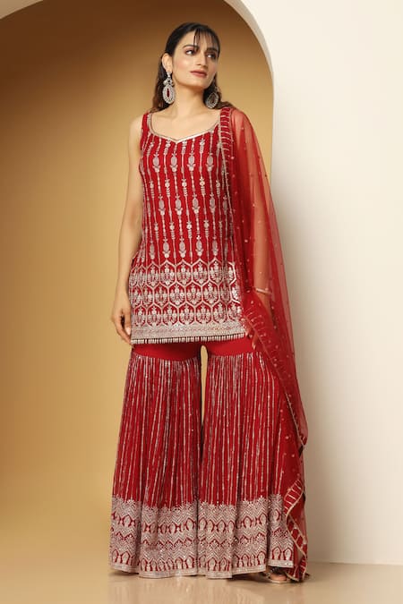 Meenagurnam Maroon Georgette, Net Embroidery, Sequins, Zari Kurta Sharara Set 