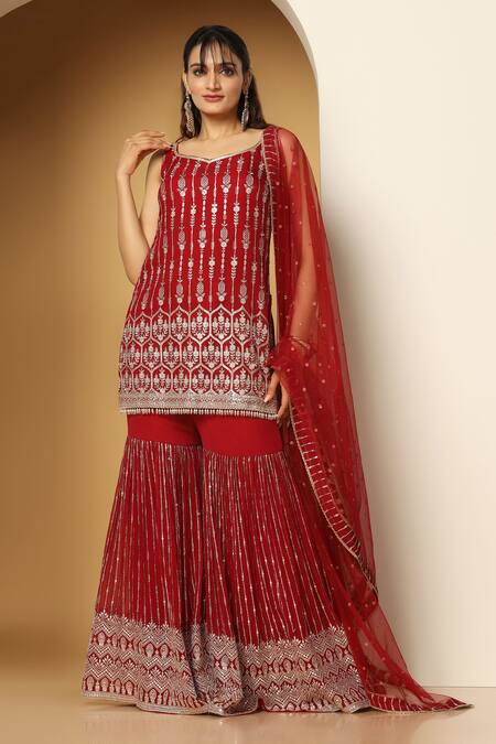 Meenagurnam Maroon Georgette, Net Embroidery, Sequins, Zari Kurta Sharara Set Online at Aza Fashions Meenagurnam_Maroon Georgette, Net Embroidery, Sequins, Zari Kurta Sharara Set _Online_at_Aza_Fashions