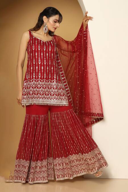 Shop Meenagurnam Maroon Georgette, Net Embroidery, Sequins, Zari Kurta Sharara Set Online at Aza Fashions Shop_Meenagurnam_Maroon Georgette, Net Embroidery, Sequins, Zari Kurta Sharara Set _Online_at_Aza_Fashions