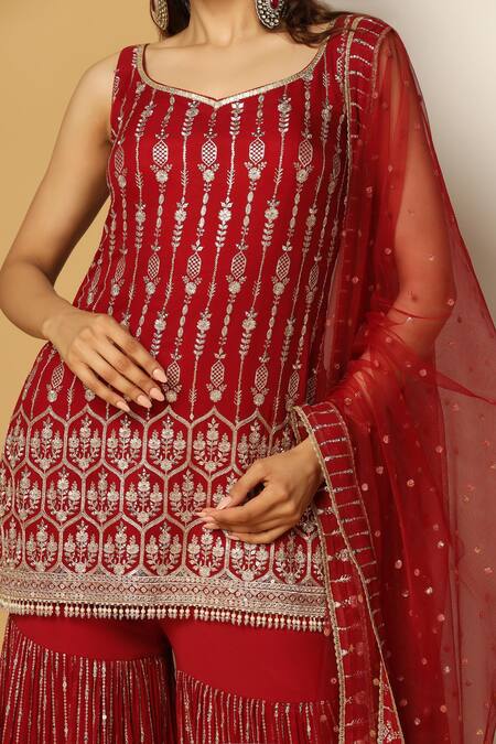 Meenagurnam Maroon Georgette, Net Embroidery, Sequins, Zari Kurta Sharara Set at Aza Fashions Meenagurnam_Maroon Georgette, Net Embroidery, Sequins, Zari Kurta Sharara Set _at_Aza_Fashions