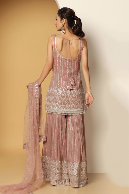 Shop_Meenagurnam_Pink Georgette, Net Sequins, Zari Round Neck Work Kurta Set _at_Aza_Fashions