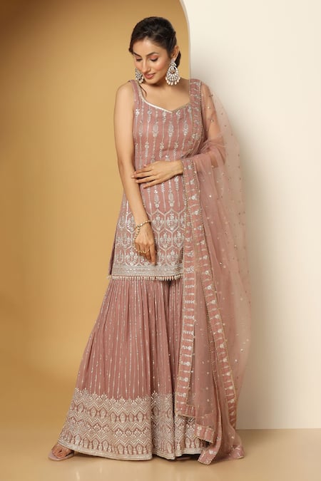 Meenagurnam_Pink Georgette, Net Sequins, Zari Round Neck Work Kurta Set _Online_at_Aza_Fashions