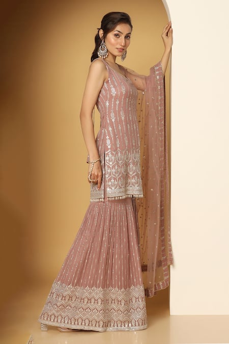 Shop_Meenagurnam_Pink Georgette, Net Sequins, Zari Round Neck Work Kurta Set _Online_at_Aza_Fashions