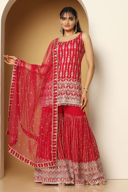 Buy Meenagurnam Red Georgette, Net Zari, Sequins Round Neck Geometric Pattern Kurta Sharara Set Online at Aza Fashions Buy_Meenagurnam_Red Georgette, Net Zari, Sequins Round Neck Geometric Pattern Kurta Sharara Set _Online_at_Aza_Fashions