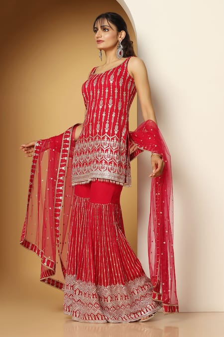 Shop Meenagurnam Red Georgette, Net Zari, Sequins Round Neck Geometric Pattern Kurta Sharara Set Online at Aza Fashions Shop_Meenagurnam_Red Georgette, Net Zari, Sequins Round Neck Geometric Pattern Kurta Sharara Set _Online_at_Aza_Fashions