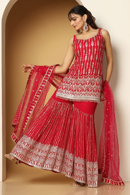 Meenagurnam Red Georgette, Net Zari, Sequins Round Neck Geometric Pattern Kurta Sharara Set at Aza Fashions Meenagurnam_Red Georgette, Net Zari, Sequins Round Neck Geometric Pattern Kurta Sharara Set _at_Aza_Fashions