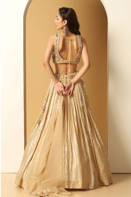 Shop_Meenagurnam_Gold Net, Georgette Sequins, Cut Work Metallic Stripe Embroidered Lehenga Set _at_Aza_Fashions