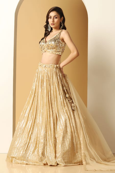Buy_Meenagurnam_Gold Net, Georgette Sequins, Cut Work Metallic Stripe Embroidered Lehenga Set _Online_at_Aza_Fashions
