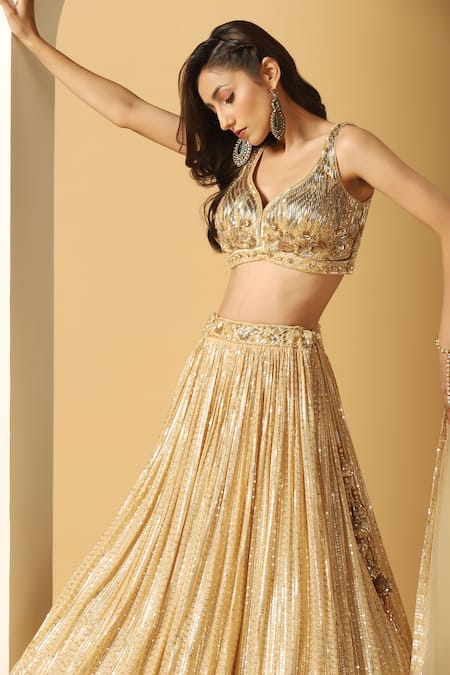 Shop_Meenagurnam_Gold Net, Georgette Sequins, Cut Work Metallic Stripe Embroidered Lehenga Set _Online_at_Aza_Fashions