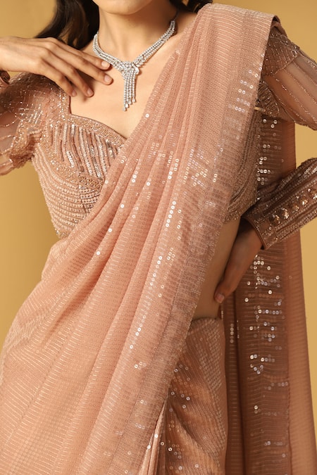 Buy_Meenagurnam_Pink Net, Georgette Sequins, Beads, Cut Work Sweetheart Neck Saree With Blouse _Online_at_Aza_Fashions
