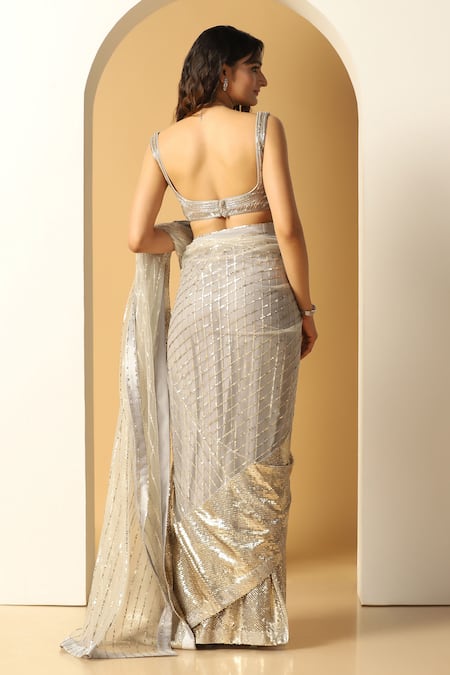 Shop Meenagurnam Grey Net Sequins Boat Neck Geometric Embroidered Saree With Blouse at Aza Fashions Shop_Meenagurnam_Grey Net Sequins Boat Neck Geometric Embroidered Saree With Blouse _at_Aza_Fashions