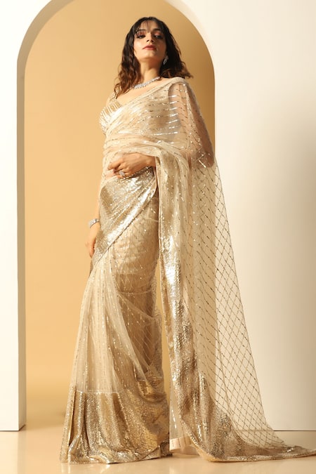 Shop Meenagurnam Gold Net Sequins, Beads Asymmetric Work Saree With Blouse Online at Aza Fashions Shop_Meenagurnam_Gold Net Sequins, Beads Asymmetric Work Saree With Blouse _Online_at_Aza_Fashions