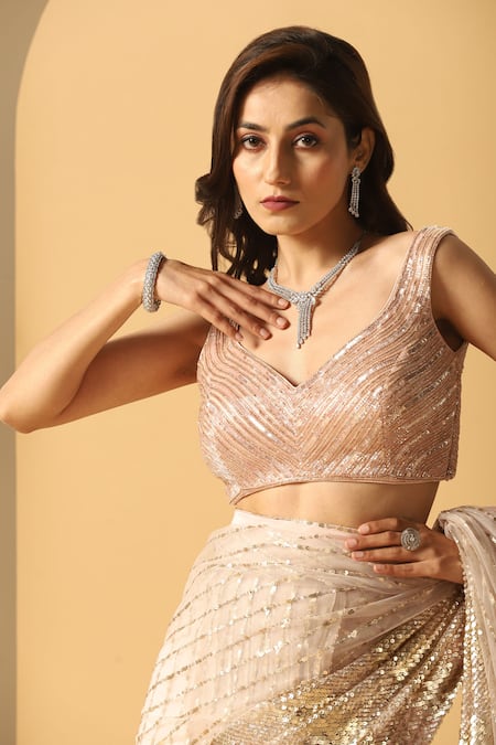 Meenagurnam Pink Net Sequins, Cut Work, Beads Asymmetric Saree With Blouse at Aza Fashions Meenagurnam_Pink Net Sequins, Cut Work, Beads Asymmetric Saree With Blouse _at_Aza_Fashions