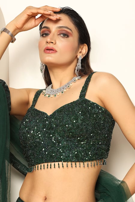 Meenagurnam Green Net Sequins, Embroidery Sweetheart Neck 3d Floral Embellished Lehenga Set at Aza Fashions Meenagurnam_Green Net Sequins, Embroidery Sweetheart Neck 3d Floral Embellished Lehenga Set _at_Aza_Fashions
