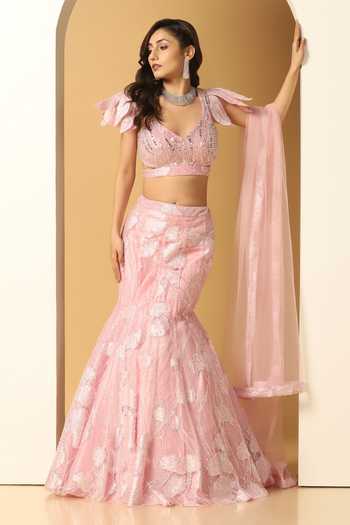 Pastel Pink Mirror Embellished Lehenga Set with Silver Cutdana Embroidery & Net Dupatta