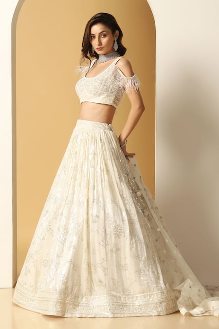 Shop Meenagurnam Ivory Georgette, Net Pearls, Sequins, Beads Round Neck Work Lehenga Set Online at Aza Fashions Shop_Meenagurnam_Ivory Georgette, Net Pearls, Sequins, Beads Round Neck Work Lehenga Set _Online_at_Aza_Fashions