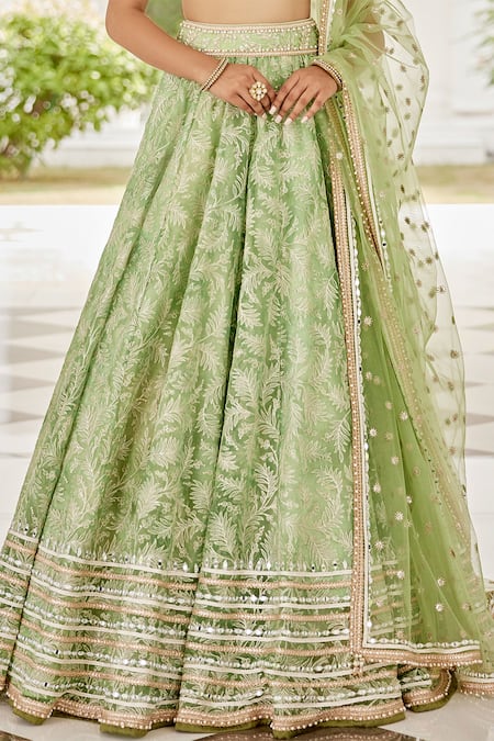 Cedar & Pine Green Organza, Tulle Zari, Mirrors, Beads, Embroidery Autumn Leaves Lehenga Set Online at Aza Fashions Cedar & Pine_Green Organza, Tulle Zari, Mirrors, Beads, Embroidery Autumn Leaves Lehenga Set _Online_at_Aza_Fashions