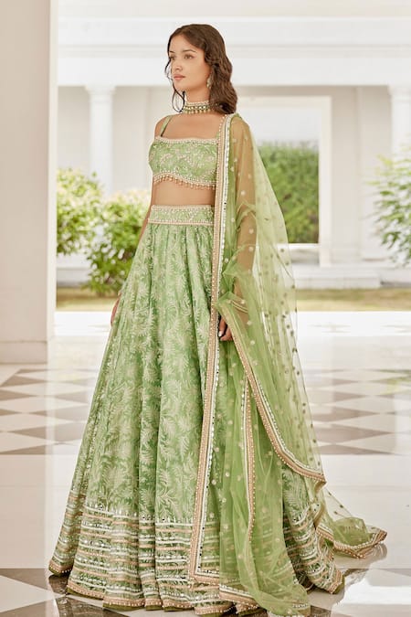 Buy Cedar & Pine Green Organza, Tulle Zari, Mirrors, Beads, Embroidery Autumn Leaves Lehenga Set Online at Aza Fashions Buy_Cedar & Pine_Green Organza, Tulle Zari, Mirrors, Beads, Embroidery Autumn Leaves Lehenga Set _Online_at_Aza_Fashions