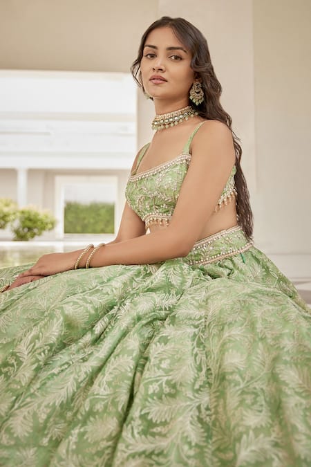 Shop Cedar & Pine Green Organza, Tulle Zari, Mirrors, Beads, Embroidery Autumn Leaves Lehenga Set Online at Aza Fashions Shop_Cedar & Pine_Green Organza, Tulle Zari, Mirrors, Beads, Embroidery Autumn Leaves Lehenga Set _Online_at_Aza_Fashions