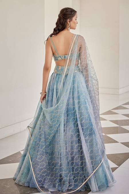 Shop Cedar & Pine Blue Organza, Tulle Beads, Sequins, Zari Sweetheart Neck Embroidered Lehenga Set at Aza Fashions Shop_Cedar & Pine_Blue Organza, Tulle Beads, Sequins, Zari Sweetheart Neck Embroidered Lehenga Set _at_Aza_Fashions