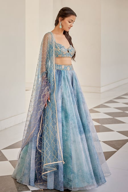 Cedar & Pine Blue Organza, Tulle Beads, Sequins, Zari Sweetheart Neck Embroidered Lehenga Set Online at Aza Fashions Cedar & Pine_Blue Organza, Tulle Beads, Sequins, Zari Sweetheart Neck Embroidered Lehenga Set _Online_at_Aza_Fashions