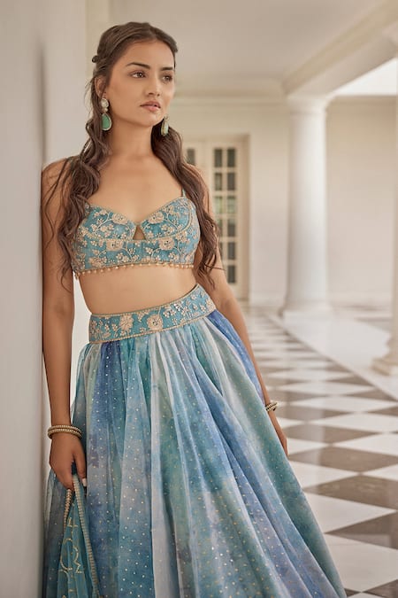 Shop Cedar & Pine Blue Organza, Tulle Beads, Sequins, Zari Sweetheart Neck Embroidered Lehenga Set Online at Aza Fashions Shop_Cedar & Pine_Blue Organza, Tulle Beads, Sequins, Zari Sweetheart Neck Embroidered Lehenga Set _Online_at_Aza_Fashions
