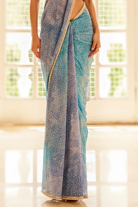 Cedar & Pine Blue Georgette, Tulle Beads Sweetheart Neck Hand Embroidered Saree With Blouse Online at Aza Fashions Cedar & Pine_Blue Georgette, Tulle Beads Sweetheart Neck Hand Embroidered Saree With Blouse _Online_at_Aza_Fashions