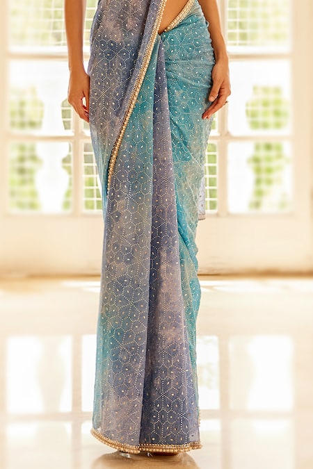 Buy Cedar & Pine Blue Georgette, Tulle Beads Sweetheart Neck Hand Embroidered Saree With Blouse Online at Aza Fashions Buy_Cedar & Pine_Blue Georgette, Tulle Beads Sweetheart Neck Hand Embroidered Saree With Blouse _Online_at_Aza_Fashions