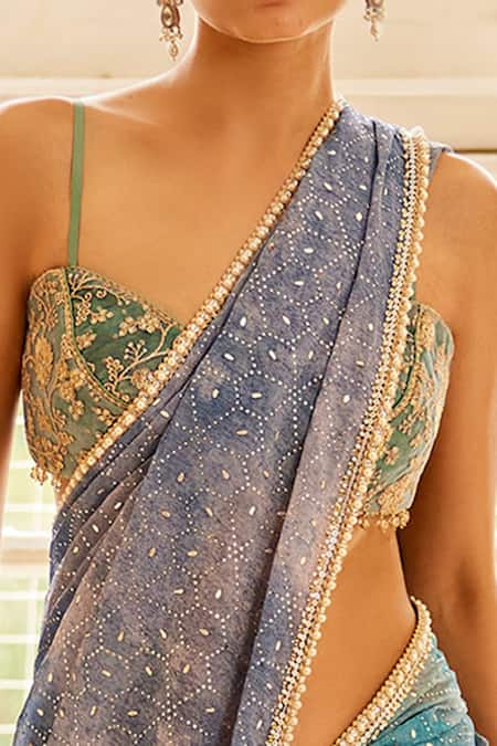 Shop Cedar & Pine Blue Georgette, Tulle Beads Sweetheart Neck Hand Embroidered Saree With Blouse Online at Aza Fashions Shop_Cedar & Pine_Blue Georgette, Tulle Beads Sweetheart Neck Hand Embroidered Saree With Blouse _Online_at_Aza_Fashions