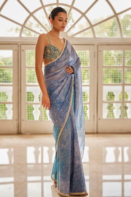 Cedar & Pine Blue Georgette, Tulle Beads Sweetheart Neck Hand Embroidered Saree With Blouse at Aza Fashions Cedar & Pine_Blue Georgette, Tulle Beads Sweetheart Neck Hand Embroidered Saree With Blouse _at_Aza_Fashions