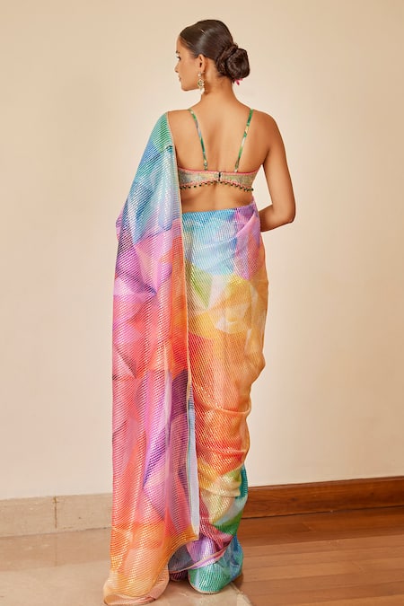 Shop_Cedar & Pine_Multi Color Georgette, Brocade Beads, Kaleidoscope Print Saree With Blouse _at_Aza_Fashions