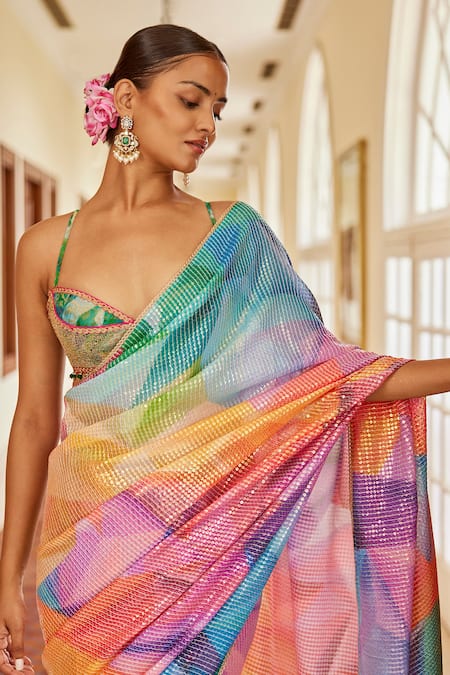 Cedar & Pine_Multi Color Georgette, Brocade Beads, Kaleidoscope Print Saree With Blouse _Online_at_Aza_Fashions