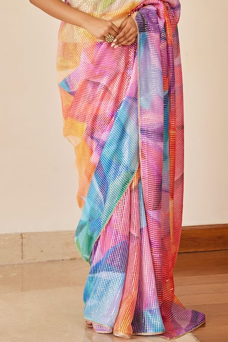 Buy_Cedar & Pine_Multi Color Georgette, Brocade Beads, Kaleidoscope Print Saree With Blouse _Online_at_Aza_Fashions