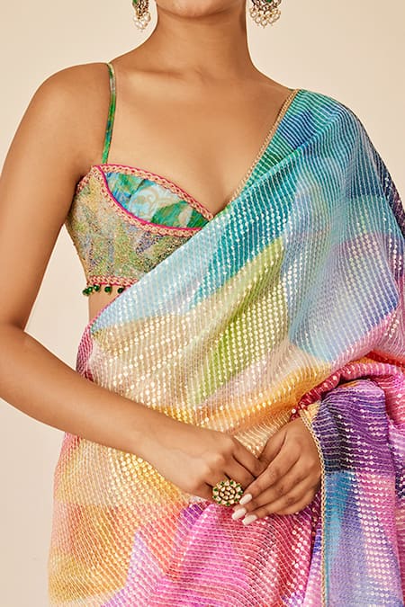 Shop_Cedar & Pine_Multi Color Georgette, Brocade Beads, Kaleidoscope Print Saree With Blouse _Online_at_Aza_Fashions