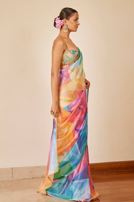 Cedar & Pine_Multi Color Georgette, Brocade Beads, Kaleidoscope Print Saree With Blouse _at_Aza_Fashions
