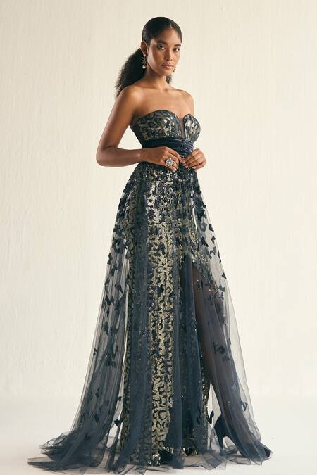 Cedar & Pine_Blue Tulle, Velvet Sequins, Applique Sweetheart Neck Shadow Layered Gown _Online_at_Aza_Fashions