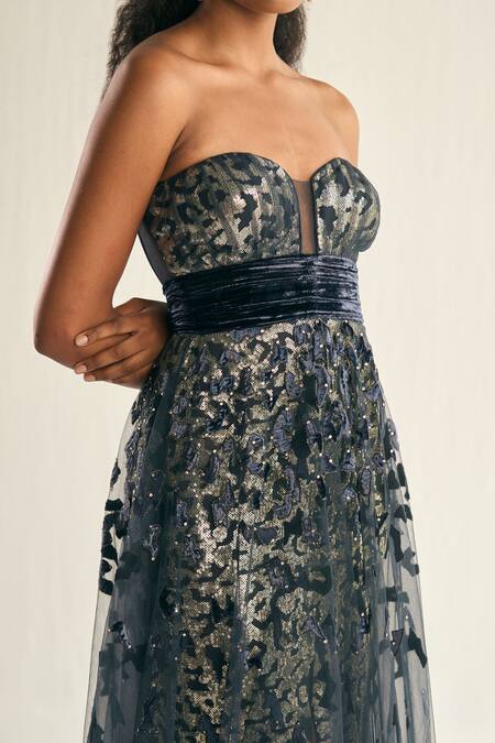 Buy_Cedar & Pine_Blue Tulle, Velvet Sequins, Applique Sweetheart Neck Shadow Layered Gown _Online_at_Aza_Fashions