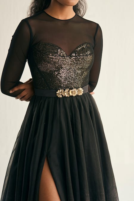 Cedar & Pine_Black Organza, Tulle Sequins Round Jupiter Embellished Bodice Gown With Belt _Online_at_Aza_Fashions