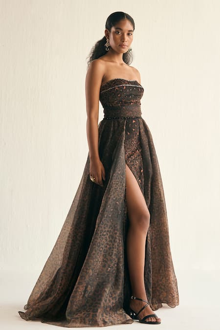 Cedar & Pine_Brown Organza, Velvet Rhinestones, Embroidery Goddess Animal Print Gown _Online_at_Aza_Fashions