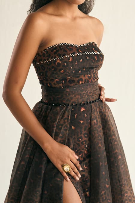 Buy_Cedar & Pine_Brown Organza, Velvet Rhinestones, Embroidery Goddess Animal Print Gown _Online_at_Aza_Fashions