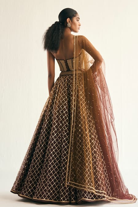 Shop Cedar & Pine Brown Organza, Tulle Sequins Sweetheart Floral Embroidered Ombre Lehenga Set at Aza Fashions Shop_Cedar & Pine_Brown Organza, Tulle Sequins Sweetheart Floral Embroidered Ombre Lehenga Set _at_Aza_Fashions