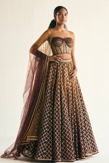 Shop Cedar & Pine Brown Organza, Tulle Sequins Sweetheart Floral Embroidered Ombre Lehenga Set Online at Aza Fashions Shop_Cedar & Pine_Brown Organza, Tulle Sequins Sweetheart Floral Embroidered Ombre Lehenga Set _Online_at_Aza_Fashions