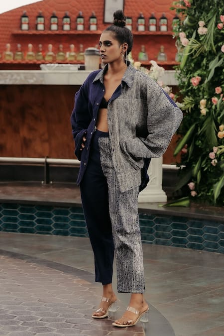 Shop Banana Labs Blue Cotton Embroidery Collared And Jacket With Pant at Aza Fashions Shop_Banana Labs_Blue Cotton Embroidery Collared And Jacket With Pant _at_Aza_Fashions