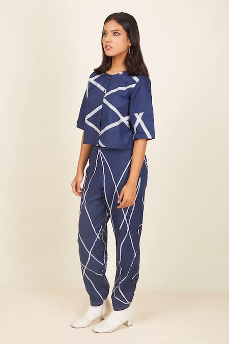Banana Labs Blue Cotton Round Neck Hand Block Print Top And Pant Set Online at Aza Fashions Banana Labs_Blue Cotton Round Neck Hand Block Print Top And Pant Set _Online_at_Aza_Fashions