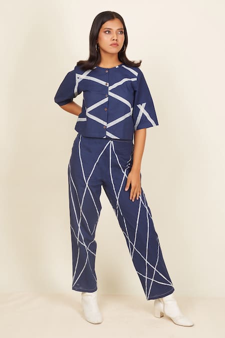 Buy Banana Labs Blue Cotton Round Neck Hand Block Print Top And Pant Set Online at Aza Fashions Buy_Banana Labs_Blue Cotton Round Neck Hand Block Print Top And Pant Set _Online_at_Aza_Fashions