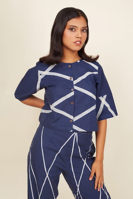 Shop Banana Labs Blue Cotton Round Neck Hand Block Print Top And Pant Set Online at Aza Fashions Shop_Banana Labs_Blue Cotton Round Neck Hand Block Print Top And Pant Set _Online_at_Aza_Fashions