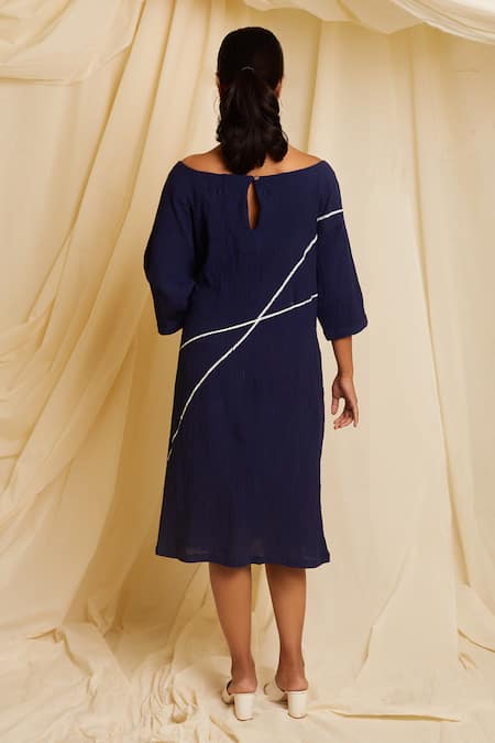 Shop Banana Labs Blue Cotton Round Neck Strike Hand Block Print Dress at Aza Fashions Shop_Banana Labs_Blue Cotton Round Neck Strike Hand Block Print Dress _at_Aza_Fashions