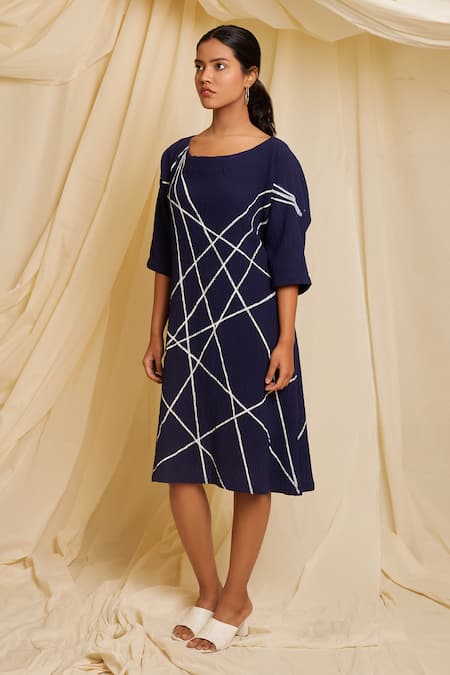 Banana Labs Blue Cotton Round Neck Strike Hand Block Print Dress Online at Aza Fashions Banana Labs_Blue Cotton Round Neck Strike Hand Block Print Dress _Online_at_Aza_Fashions